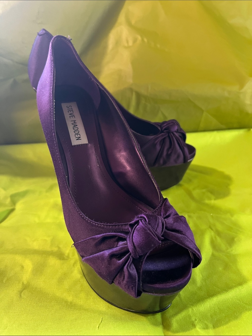 Steve Madden Purple Satin Peep-Toe Platform Pumps with Bow